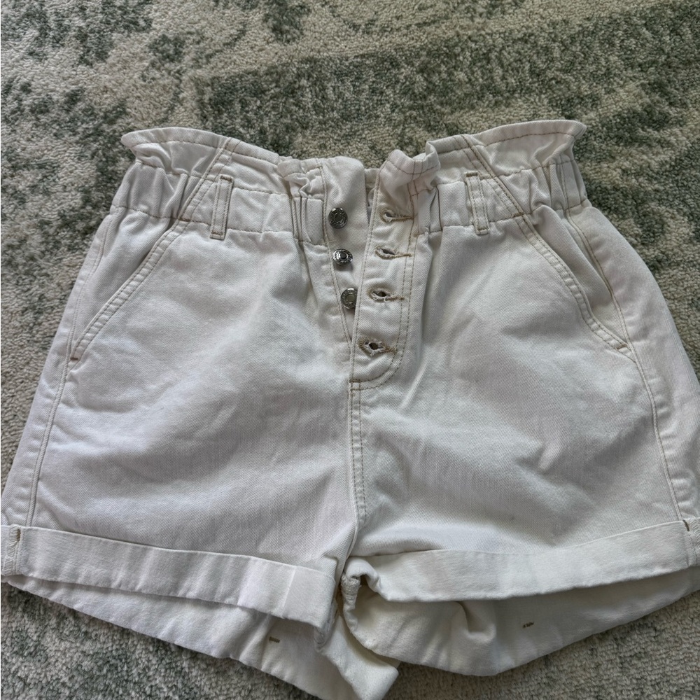 Topshop High-Waist White Paperbag Button-Front Women's Shorts
